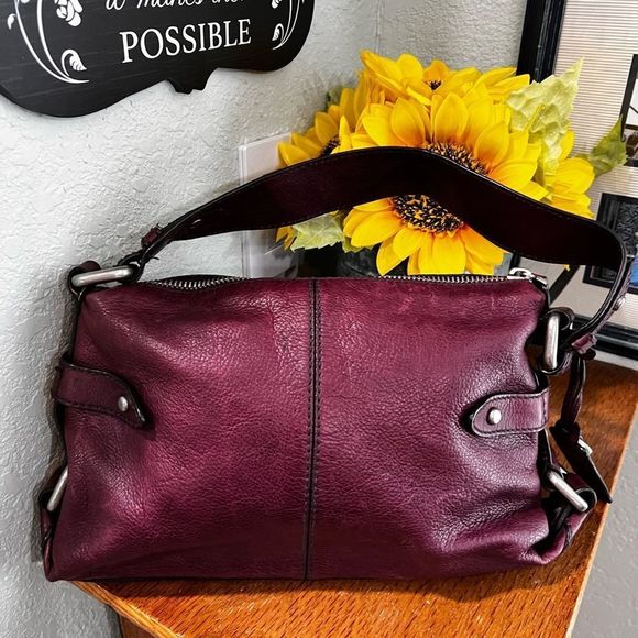 Fossil Handbags - EUC Fossil Pebble Leather, Purple & Silver Small Shoulder Bag